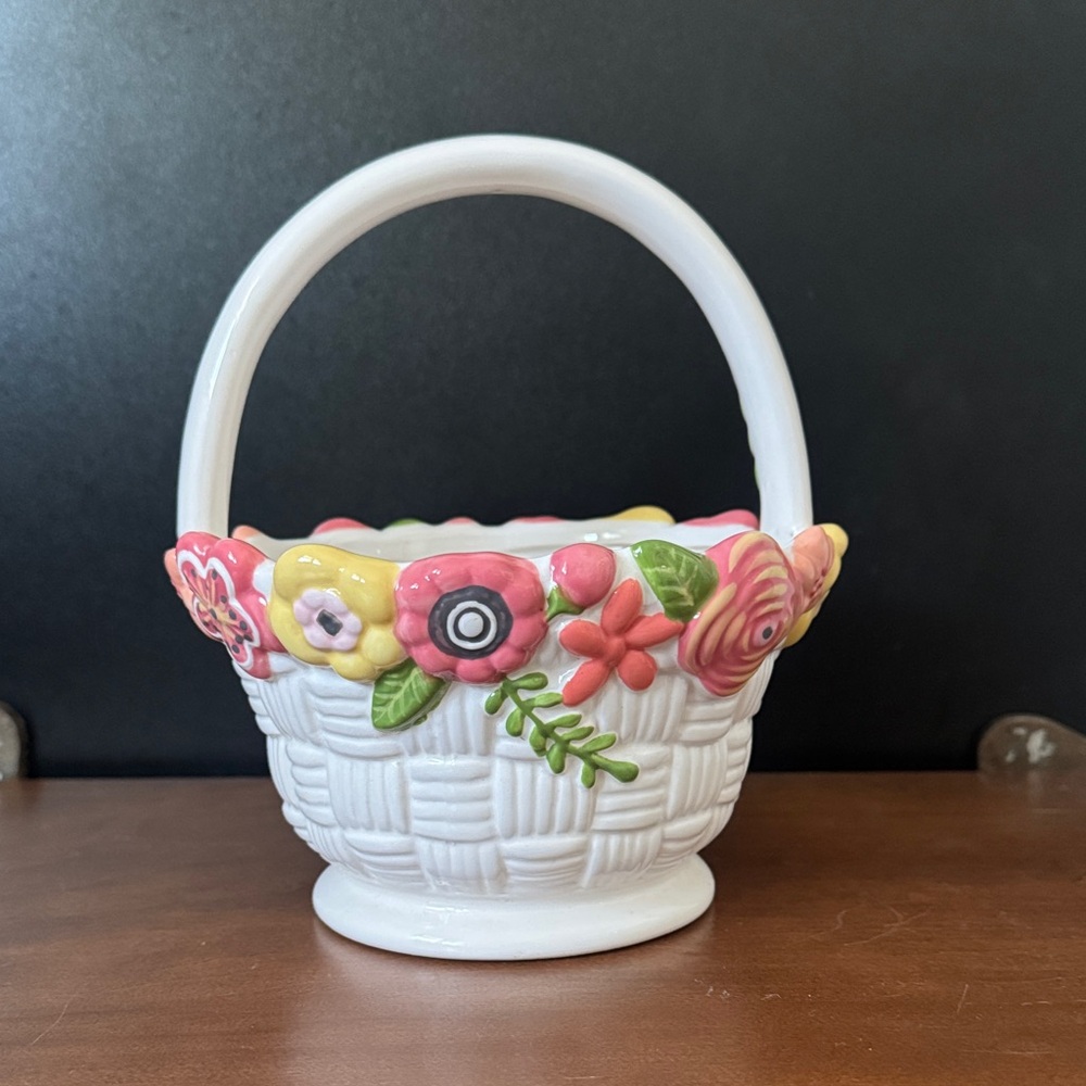 Floral Ceramic Basket with Handle